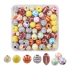 114pcs 6 perles acryliques de style, ensemble de perles acryliques opaques et artisanales et plaquées, rugby & basket & volley & football & tennis