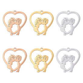 Unicraftale 6Pcs 3 Colors 304 Stainless Steel Pendants, Heart with Boy and Girl Kiss Pattern