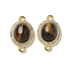 Brass Micro Pave Clear Cubic Zirconia Connector Charms, Natural Tiger Eye Oval Links