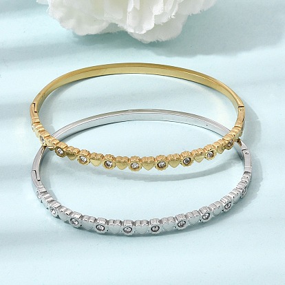 304 Bracelets manchettes à charnière en acier inoxydable avec strass en forme de cœur pour femmes