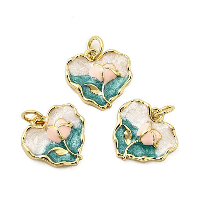 Латунь эмаль прелести, с прыжковых колец, сердце с цветочными подвесками, реальный 18 k позолоченный