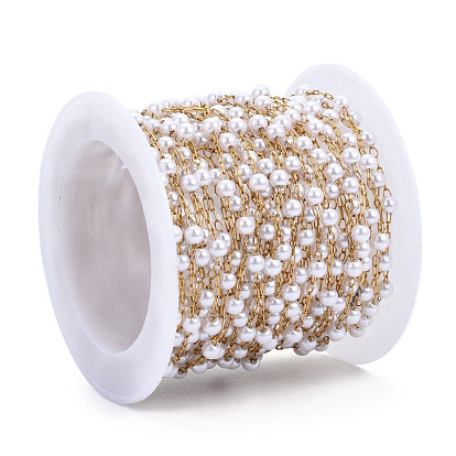 Chaînes de perles rondes en plastique ABS, avec chaînes porte-câbles dorées 316 en acier inoxydable, soudé, avec bobine