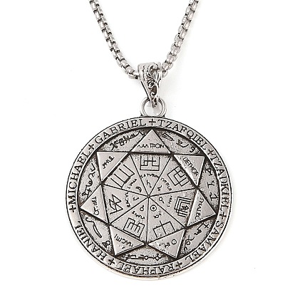 Сплав печать 7 архангелы плоские круглые подвески ожерелья, 201 ожерелья из нержавеющей стали с цепочкой-коробкой