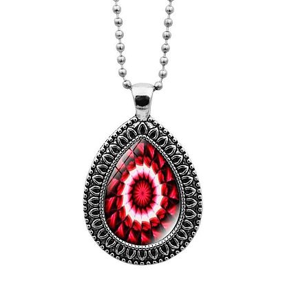 Glass Teardrop with Mandala Flower Pendant Necklace with Ball Chains, Platinum Alloy Jewelry for Women