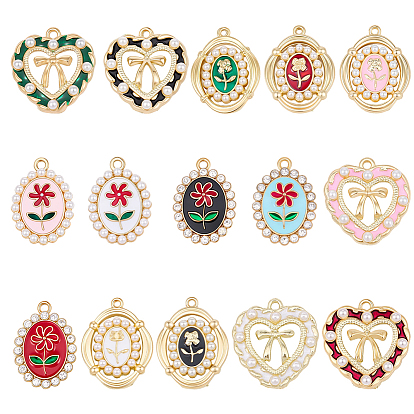 30Pcs 15 Styles Alloy Enamel Pendants, with Plastic Beads/Rhinestone, Golden