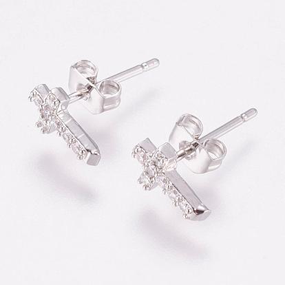 Brass Micro Pave Cubic Zirconia Stud Earrings, with Ear Nuts, Cross