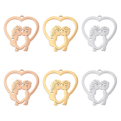 6Pcs 3 Colors 304 Stainless Steel Pendants, Heart with Boy and Girl Kiss Pattern