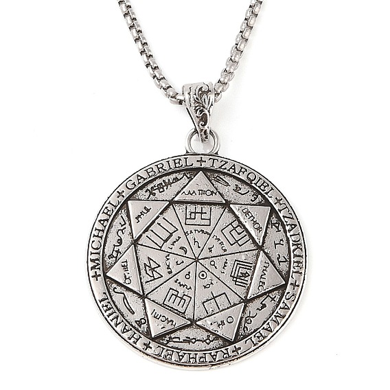 Сплав печать 7 архангелы плоские круглые подвески ожерелья, 201 ожерелья из нержавеющей стали с цепочкой-коробкой