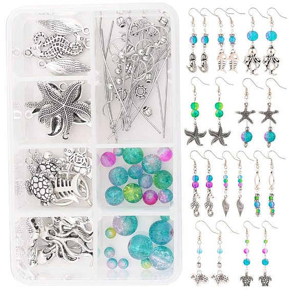 DIY Ocean Theme Earring Making Kits, Including Crackle Glass Beads, Alloy Pendants & Beads, Iron Findings and Brass Earring Hooks