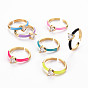 Brass Enamel Cuff Rings, Open Rings, Solitaire Rings, with Clear Cubic Zirconia, Nickel Free, Heart, Golden