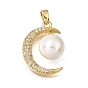Brass Micro Pave Clear Cubic Zirconia Pendants, with ABS Imitation Pearl, Moon Charms, Rack Plating, Long-Lasting Plated, Cadmium Free & Lead Free