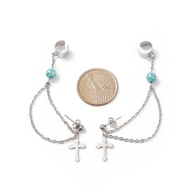 Boucles d'oreilles pendantes à chaîne suspendue en perles turquoises vertes synthétiques avec manchette d'oreille, 304 boucles d'oreilles croix en acier inoxydable pour femmes