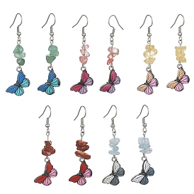 Synthetic & Natural Mixed Gemstone Chips Dangle Earrings, Alloy Enamel Butterfly Long Drop Earrings with 304 Stainless Steel Pins