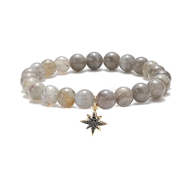 Natural Labradorite Round Beaded Stretch Bracelet, Cubic Zirconia Star Charms Adjustable Bracelet for Women