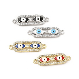 Brass Micro Pave Clear Cubic Zirconia Connector Charms with Enamel, Oval Links with Evil Eye