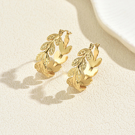 201 Stainless Steel Leaf Hoop Earrings for Women