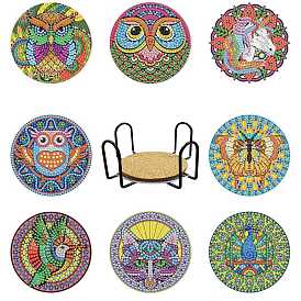 DIY Owl/Unicorn/Buttefly/Cat/Peacock/Hummingbird Pattern Coaster Diamond Painting Kits, Including Flat Round Cup Mat, Cork Pad, Coaster Holder, Resin Rhinestones Bag, Diamond Sticky Tools