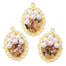 Natural Tourmaline Chip Pendants, Alloy Oval Charms with Acrylic Imitation Pearls