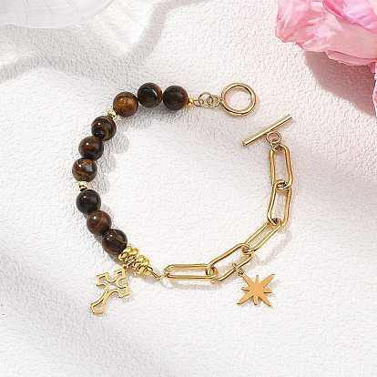 Браслеты с подвесками в виде креста и звезды из нержавеющей стали, браслеты из круглых натуральных камней и цепочек из нержавеющей стали в виде скрепок для женщин