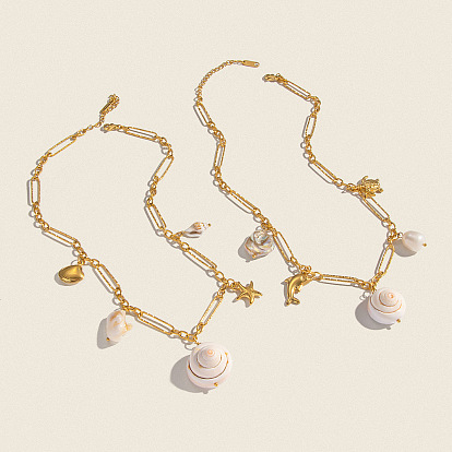 Подвеска из натуральной ракушки 304 цепочка-скрепка из нержавеющей стали для женщин, реальный 18 k позолоченный