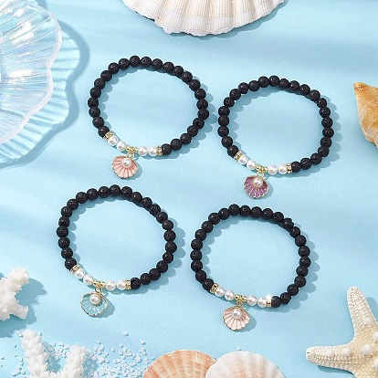 Круглые бусины из натуральной лавы с латунными бусинами-разделителями из стразов и бусинами из ракушек, а также гальванизированные немагнитные синтетические гематитовые бусины и сплавные подвески браслеты