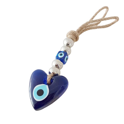 Heart with Evil Eye Glass Pendant Decorations, with Hemp Rope