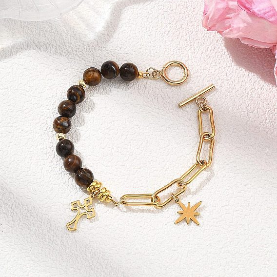 Браслеты с подвесками в виде креста и звезды из нержавеющей стали, браслеты из круглых натуральных камней и цепочек из нержавеющей стали в виде скрепок для женщин