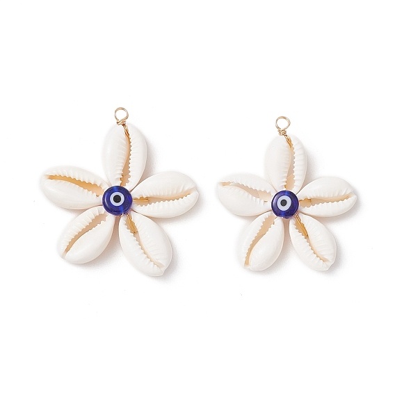 Натуральная ракушка каури с подвесками-лэмпворками синего цвета, сделанными вручную, от сглаза, , с экологически чистыми петлями из медной проволоки, цвет морской раковины