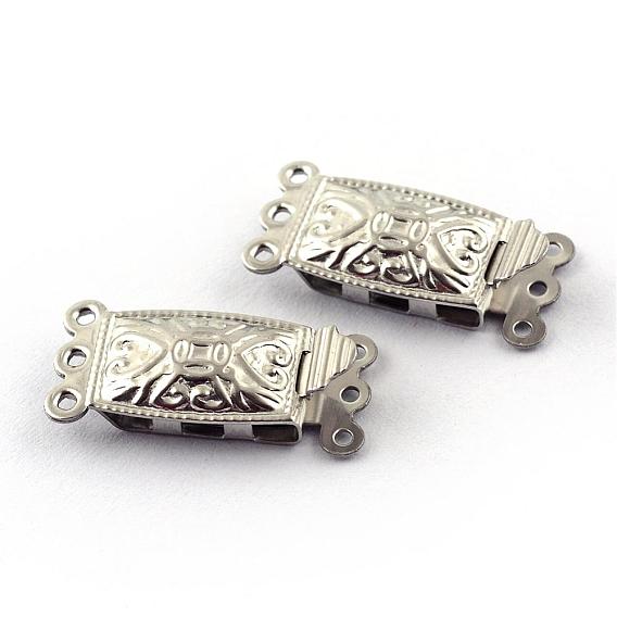 304 Stainless Steel Box Clasps, Rectangle, 6 Hole, 3 Loop