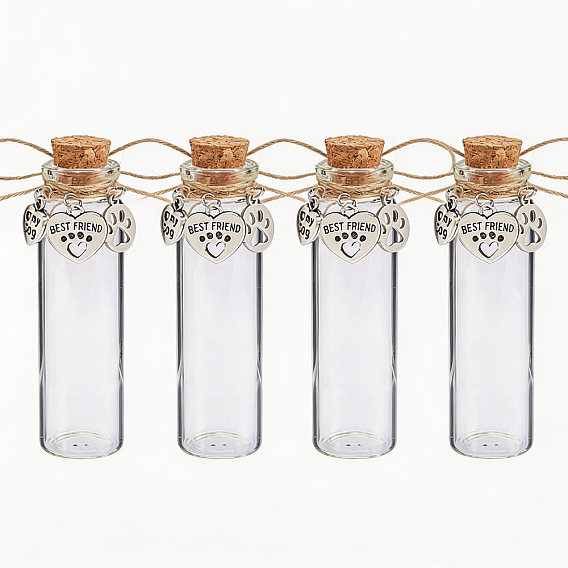 4Pcs Glass Cork Wishing Bottles, with Alloy Pendants, Column