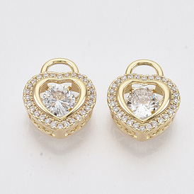 Brass Micro Pave Clear Cubic Zirconia Charms, Nickel Free, Heart
