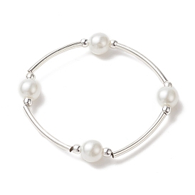 Glass Pearl & Synthetic Hematite & Brass Tube Beaded Stretch Bracelet for Women