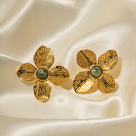 18 Boucles d'oreilles à quatre pétales de fleurs en turquoise africaine naturelle incrustées d'or radiant