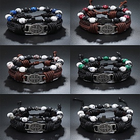 2Pcs Narutal Howlite Braided Bead Bracelets for Men, with Imitation Leather Cords