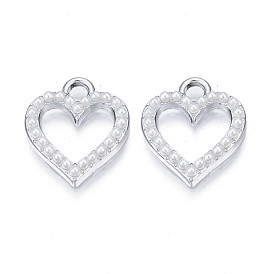 Alloy Pendants, with ABS Plastic Imitation Pearl Bead, Cadmium Free & Lead Free, Platinum, Heart