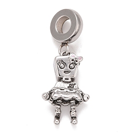 304 Stainless Steel European Dangle Charms, Large Hole Pendants, with Pink Enamel, Girl with Bowknot
