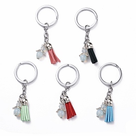 Alloy Keychain Findings, with Opalite Round Beads and Faux Suede Tassel Pendant, Angel