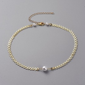 Brass Cobs Chains Necklaces, with Plastic Imitation Pearl Beads and 304 Stainless Steel Lobster Claw Clasps