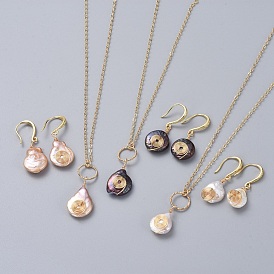 Perle naturelle baroque perle keshi, ensembles de bijoux de perles de culture d'eau douce, pendentifs et boucles d'oreilles dangle, avec chaînes à câbles en laiton et crochets pour boucles d'oreilles, larme, boîte en carton