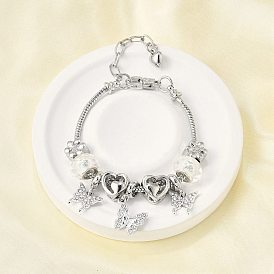 Сплав европейские бусины браслеты с подвесками, браслеты из змеиной цепи для женщин, бабочка и цветок и сердце, смолой и горный хрусталь, без свинца и без кадмия
