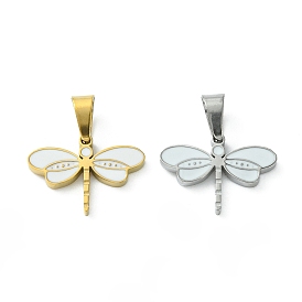 304 Stainless Steel Manual Polishing Charms, with Enamel and 201 Stainless Steel Clasp, Dragonfly