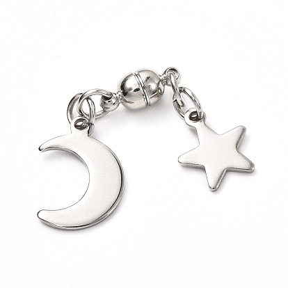 Round Brass Magnetic Clasps with Loops, with 304 Stainless Steel Charms & Jump Rings, Moon & Star