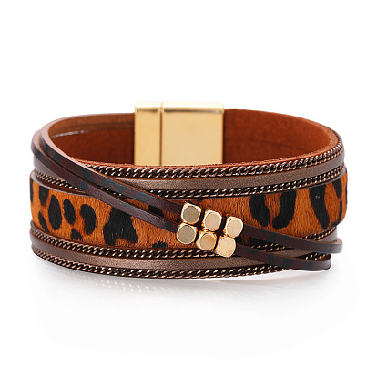 Fashionable Leopard Print Bracelet with Creative Square Beads - Unique, Stylish, Leather.