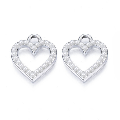 Alloy Pendants, with ABS Plastic Imitation Pearl Bead, Cadmium Free & Lead Free, Platinum, Heart
