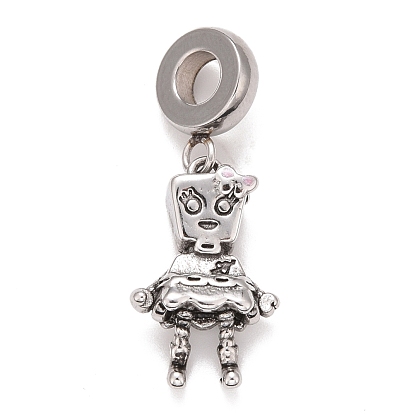 304 Stainless Steel European Dangle Charms, Large Hole Pendants, with Pink Enamel, Girl with Bowknot