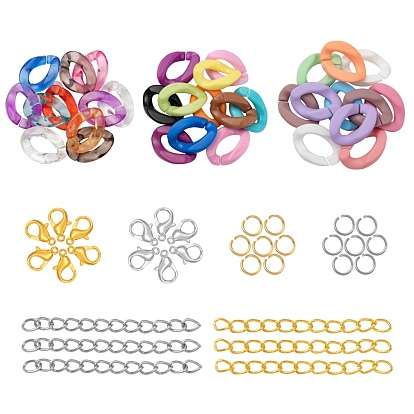 DIY Jewelry Necklace Making Kits, Necklace with Opaque Acrylic Linking Rings, Zinc Alloy Lobster Claw Clasp, 304 Stainless Steel Jump Rings, Iron Ends with Twist Chains