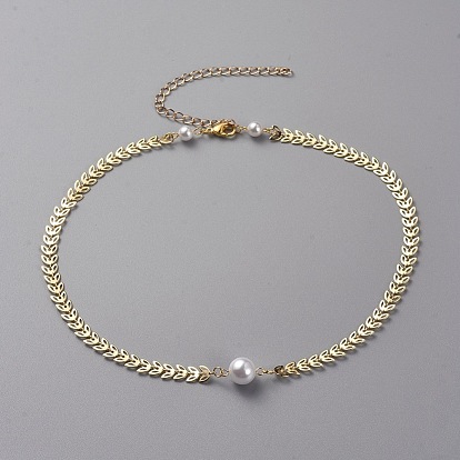 Brass Cobs Chains Necklaces, with Plastic Imitation Pearl Beads and 304 Stainless Steel Lobster Claw Clasps