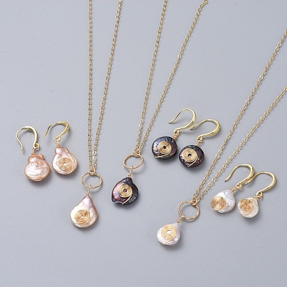 Perle naturelle baroque perle keshi, ensembles de bijoux de perles de culture d'eau douce, pendentifs et boucles d'oreilles dangle, avec chaînes à câbles en laiton et crochets pour boucles d'oreilles, larme, boîte en carton