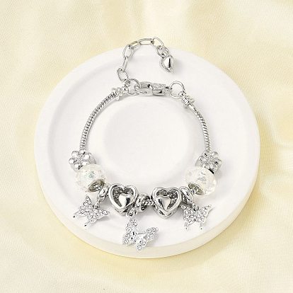 Сплав европейские бусины браслеты с подвесками, браслеты из змеиной цепи для женщин, бабочка и цветок и сердце, смолой и горный хрусталь, без свинца и без кадмия