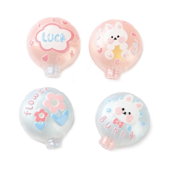 Opaque Printed Acrylic Beads, Balloon with Rabbit & Flower & Word Luck Pattern
